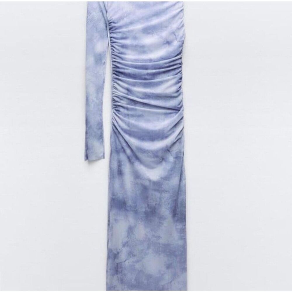 ZARA One Sleeve Asymmetrical Tulle Mesh Lined Midi Dress Blue Size Small - Picture 3 of 8